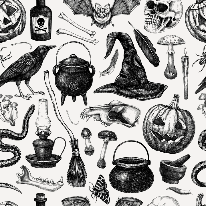 Halloween seamless pattern. Hand drawn vector illustration. Skulls, bones, pumpkin, poisonous mushrooms, snakes, raven sketches. Autumn holiday background. Vintage Halloween design elements